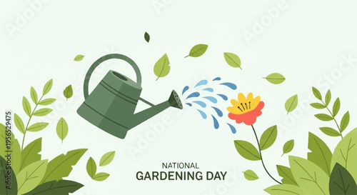 Green watering can pouring water on a vibrant orange flower with yellow center surrounded by lush green leaves on a light background celebrating national gardening day