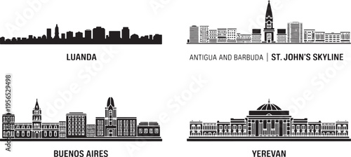 Luanda st johns buenos aires and yerevan city silhouettes set on transparent background for travel
