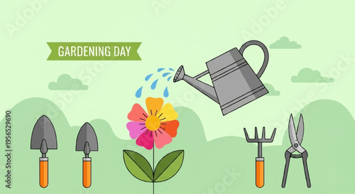 Gardening tools and flower watering on green background with gardening day banner