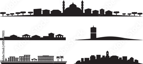 Set of various city skylines silhouettes with diverse buildings monuments and trees vector collection
