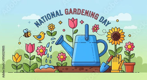 National gardening day illustration with blue watering can flowers and gardening tools on green background