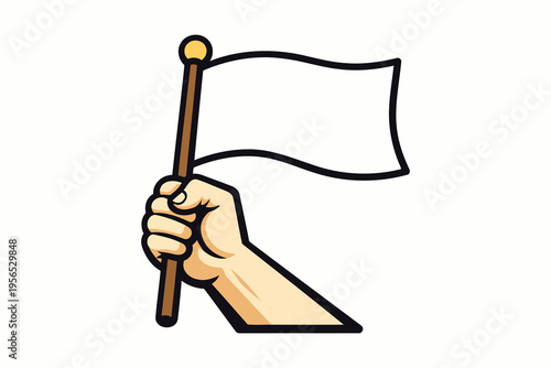 A hand holding a white flag on a pole as a symbol of surrender or peace on a plain background Vector