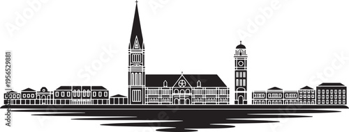 Silhouette skyline of major city architecture with reflection and background