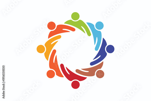 A colorful circular icon representing a diverse group of people united in a supportive community Vector