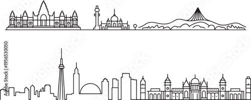 World landmarks outline skyline set including historical monuments and modern city architecture