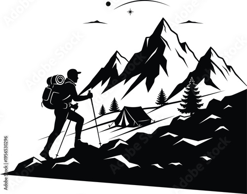 Hiker ascending mountain with tent and trekking poles at sunrise