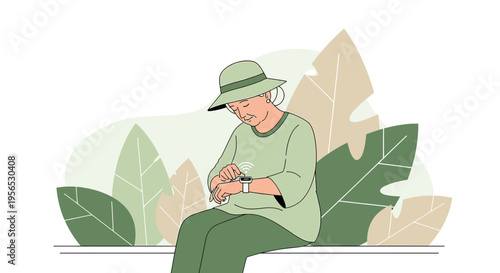 Senior woman using smartwatch while relaxing in the park among foliage art illustration