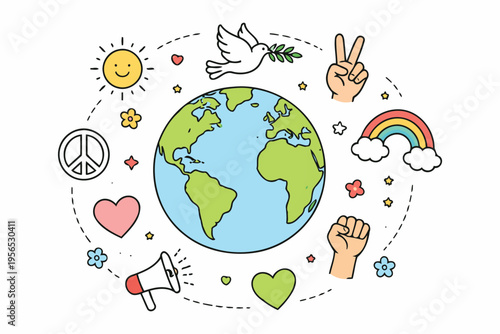 A vibrant hand-drawn illustration featuring planet earth surrounded by symbols of peace and unity Vector