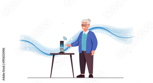 Senior woman using smart home assistant to control home environment with ease