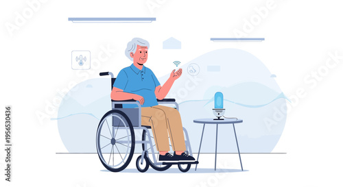 Senior woman using smart home technology with voice assistant in a wheelchair indoors