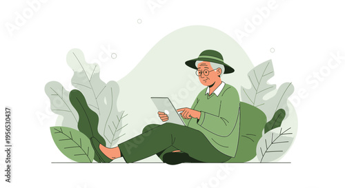 Serene senior enjoying tablet use amidst calming greenery in digital age lifestyle