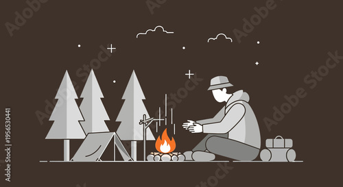 Serene night illustration of a camper by a campfire surrounded by a quiet nature scene