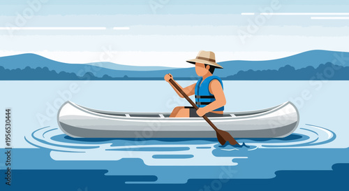 Serene Waterscape Featuring a Man Canoeing on a Tranquil Lake Amidst Distant Hills