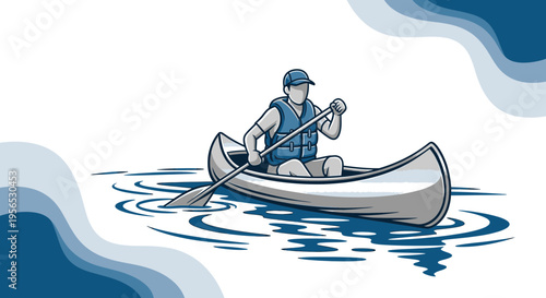 Serene waterscape with lone canoeist gracefully paddling amidst gentle waves artwork