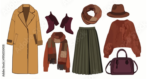 Scattered Autumn Female Outfit Vector Illustration with Clothes Shoes and Accessories in Warm Fall Colors