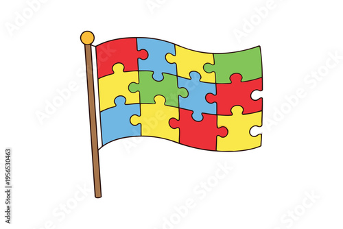 A colorful flag made of interlocking puzzle pieces displayed on a brown wooden flagpole design Vector