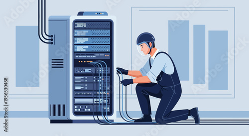 Server technician connecting cables in data center maintenance service environment illustration