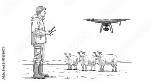 Sketch of a drone hovering above sheep with farmer controlling the device on a meadow