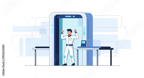 Simplified vector illustration of a man undergoing security screening using a full body scanner at