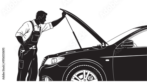 Professional auto mechanic in overalls holding a wrench and inspecting a car engine under the open hood in a garage.