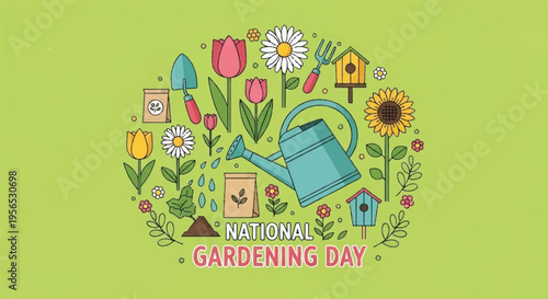 National gardening day colorful illustration with flowers watering can and gardening tools on green background