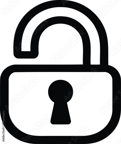 A simple black and white outline icon representing an unlocked padlock with a classic keyhole shape Vector