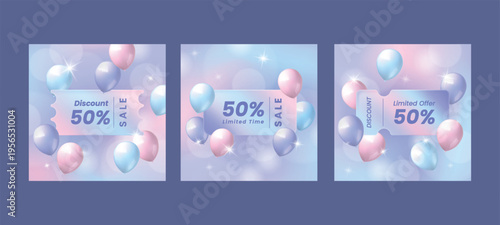 Sale coupon. 3d holographic voucher, shop discount gradient element or pastel promotion business label. Glossy balloons on soft bokeh gradient. Square social media post. Vector background