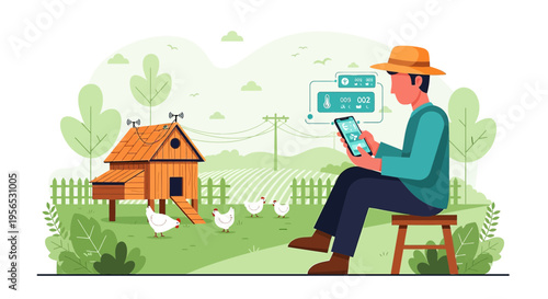 Smart farming innovation: Farmer monitoring chicken coop with digital interface system on cellphone