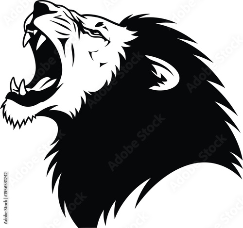 Roaring lion's majestic head in black and white