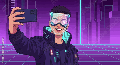 Smiling futuristic man taking a selfie in a neon lit digital landscape with modern technology