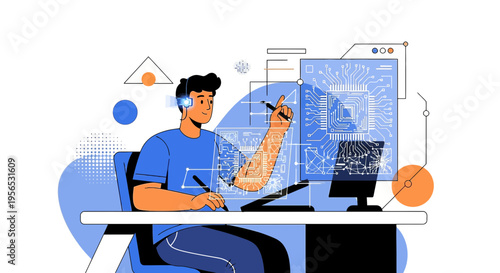 Software engineer working on a circuit board design with computer technology illustration