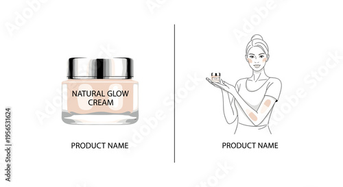 Natural Glow Cream in glass jar with silver lid and woman applying moisturizer in minimalist line art for skincare advertising