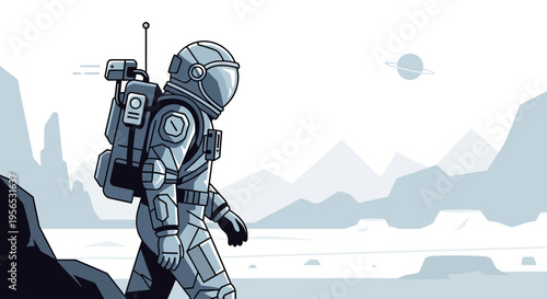 Solitary exploration: A spaceman trekking across a desolate alien landscape illustration