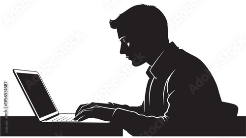 Silhouette of a focused young man working on a laptop computer at a desk in a minimalist digital workspace.