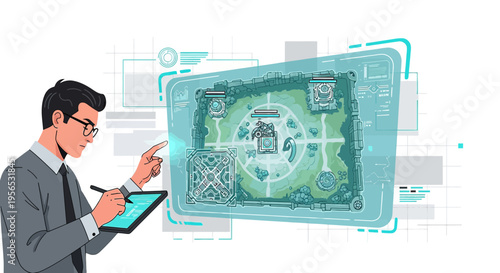Strategic Game Design: An Architect Planning a Virtual World with Advanced Technology Display