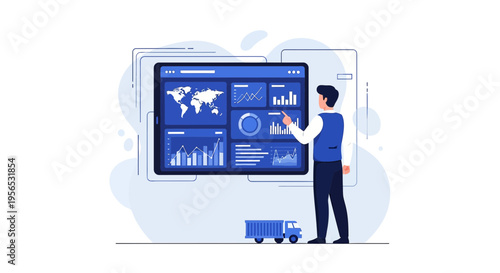 Strategic logistics management illustration with analytics dashboard for business analysis and