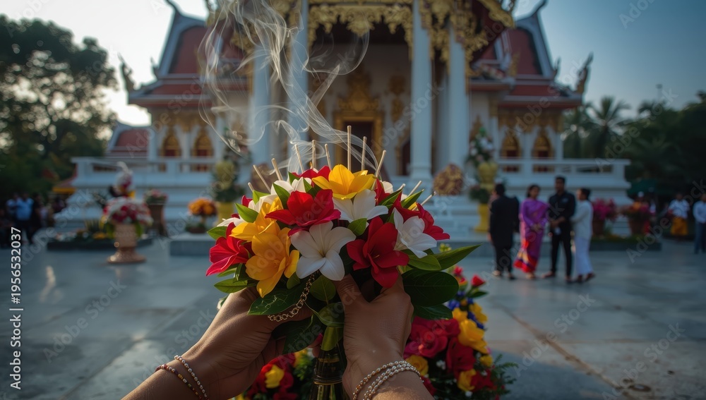 Fototapeta premium Sandalwood held, fake blooms for Thai Buddhist funeral rites.