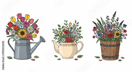 Vibrant flowers in watering can teapot and wooden bucket colorful bouquet arrangement
