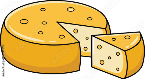 Large wheel of yellow Swiss cheese with a single triangular slice removed, featuring characteristic holes and black outlines, cartoon-style vector illustration