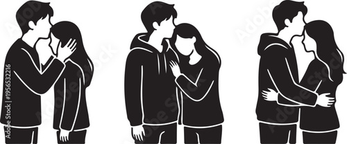 Four black vector illustrations depict couples embracing and showing affection set against a white background a striking silhouette high quality professional detailed modern elegant stylish clean