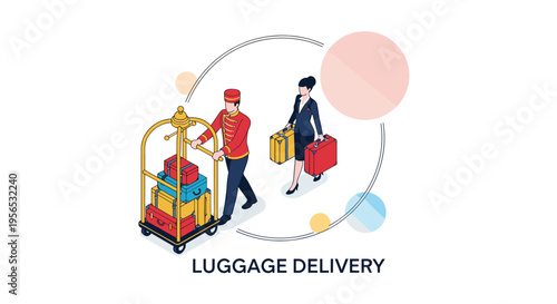 Hotel bellhop in a red uniform pushing a luggage cart and a woman carrying suitcases for a professional luggage delivery service.