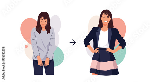 Transformation illustration showing a woman changing from a sad and insecure state to a happy, confident, and professional businesswoman.