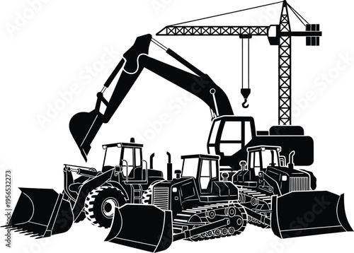 Heavy machinery illustration with excavator and crane