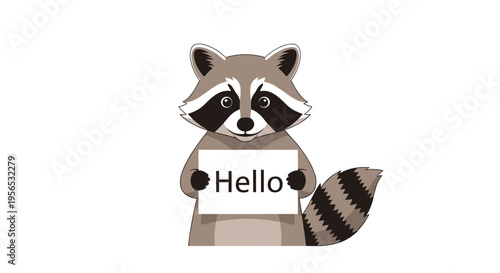 Friendly cartoon raccoon character holding a white sign with the word Hello to welcome visitors in a charming and cute forest animal illustration.
