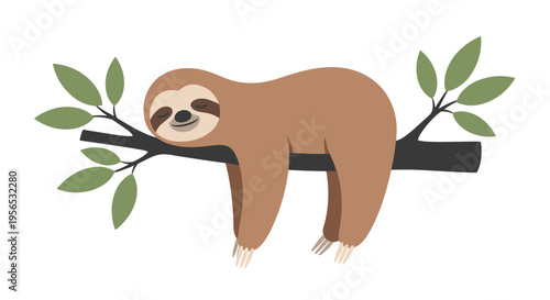 Adorable brown cartoon sloth sleeping peacefully on a dark tree branch surrounded by green leaves in a calm and lazy nature scene.