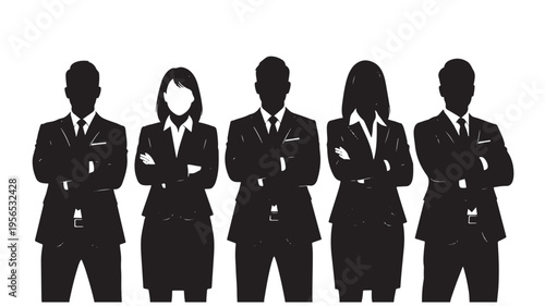 Diverse team of professional business people in formal suits standing together as a confident corporate leadership group.