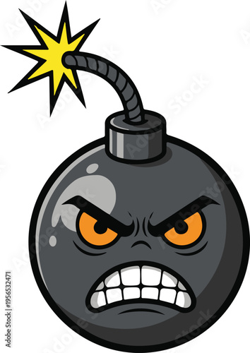 Angry black bomb character with a lit fuse and glowing orange eyes, aggressive cartoon vector illustration