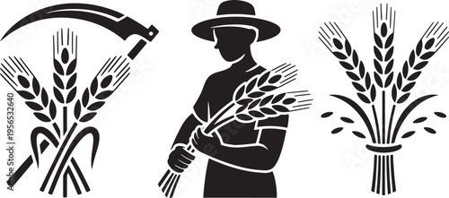 Farmer silhouette with wheat sheaves and scythe icon set for agricultural harvest design concep