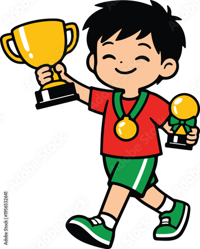 Proud boy athlete holding gold trophies and wearing a medal, triumphant cartoon vector illustration