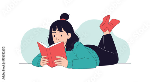 Young girl lying on the floor very comfortably reading a red book with a focused and deeply relaxed expression.